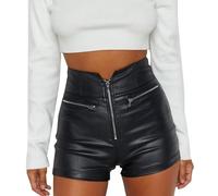 Leder Shorts Damen Schwarz, Lederhose Damen Stretch,Kurze Hose Damen Sommer Sexy Zipper Slim Fit Hotpants Clubwear Lederimitat Ledershorts PU Lederoptik Kunstlederhose Nachtclub Hosen für Frauen