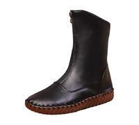 Leder-Stiefel für Damen, Winterstiefel, mit Kunstfleece, gefüttert, warm, mittelhoch, einfarbig, Reißverschluss vorne, dicke Unterseite, Schlupfstiefel, lässig, intelligent, Outdoor-Wanderschuhe