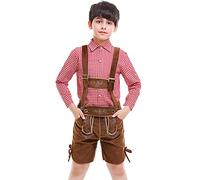 Lederhose kinder Tracht, Trachtenhose kinder Kurz Trachtenlederhosen für Jungen inkl.Trachten Hemden mit Passenden Trägern Bayerische Traditionelle Lederhosen Trachte Hose für Oktoberfest Outfit