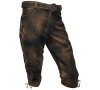Lederhose Kniebundhose Leder braun Antik-Patina Trachtenlederhose Herren Zipp Knickerbocker Reißverschluss Wildbockleder Trachten Kniebund Wandern Hose mit Gürtel, auch für Damen, Größe:58