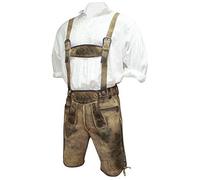 Lederhose mit Träger in Hirschleder-Optik Trachtenlederhose kurz braun Antik-Patina speckig Plattlerhose Bestickt Trachten-Lederhose Wildbock Leder echte Hirschhorn-Knöpfe, Größe:46