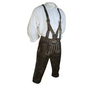 Lederhose Trachten-Kniebund Speckig Trachtenlederhose braun mit Patina Kniebundhose Trachtenhose erstklassiges Wildbockleder mit V-Träger Stickerei Hornknöpfe, Größe:44