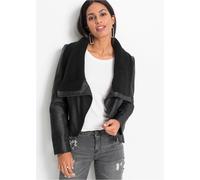 Lederimitatjacke BONPRIX, Damen, Gr. 36, schwarz, Web, Obermaterial: 100% Polyester. Kragen: 100% Polyacryl, unifarben, tailliert hüftlang, Rundhals, Jacken Lederimitatjacke, mit asymetrischem Schalkr