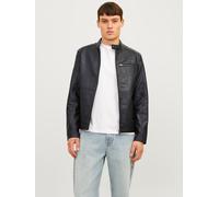 Lederimitatjacke JACK & JONES "JJEDYLAN PU BIKER JACKET NOOS", Herren, Gr. XXL, schwarz, Web, Obermaterial: 88% Polyester, 9% Baumwolle, 3% Viskose, unifarben, normal, 1-Knopf-Manschette, Jacken Leder