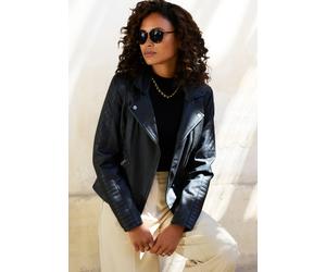 Lederimitatjacke LASCANA "mit Bikerdetails, Steppungen und Reißverschlusstaschen", Damen, Gr. 42, schwarz, Web, Obermaterial: 100% Polyester. Beschichtung: 100% Polyurethan. Futter: 80% Polyester, 20%