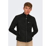 Lederimitatjacke ONLY & SONS "ONSGUS FAUX SUEDE RACER JACKET OTW NOOS", Herren, Gr. M, schwarz, Web, Obermaterial: 100% Polyester, unifarben, regular fit normal, hoch geschlossener Ausschnitt, Jacken