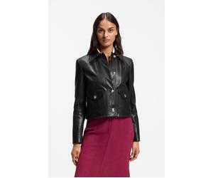 Lederjacke BOSS ORANGE "Sakara Premium Damenmode", Damen, Gr. 36, schwarz 001, Obermaterial: 100% Ziegenleder, unifarben, regular fit hüftlang, Jacken, mit Spitzkragen und Pattentaschen, Regular Fit (