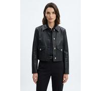 Lederjacke BOSS ORANGE "Sakara Premium Damenmode", Damen, Gr. 44, schwarz (schwarz 001), Obermaterial: 100% Ziegenleder, unifarben, regular fit hüftlang, Jacken, mit Spitzkragen und Pattentaschen, Reg