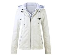 Lederjacke Damen Mit Kapuze Lederjacke Damen Echtleder Slim Fit Kurz Leder Jacken Bikerjacke Wildlederjacke Große Größen (Schwarz Braun Rot,S - 6XL),Weiß,XL