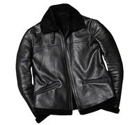 Lederjacke Herren Pelzmantel Winter Bomber Shearling Jacke Schaffell Mantel Wollfutter Lederjacken, Schwarz , XL