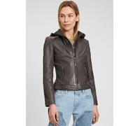 Lederjacke MAURITIUS "Cacey LEGV", Damen, Gr. 4XL, grau (anthrazit), Obermaterial: 100% Schafsleder. Futter: 100% Baumwolle. Kapuze: 60% Baumwolle, 40% Polyester. Ärmelfutter: 100% Polyester, unifarbe