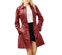 Lederjacke, mittellang, für Damen, britischer Ledermantel mit Gürtel, Trenchcoat, lässig, Revers, Langarm, britischer Mantel, Slim und elegant, modisch, warm, Mantel, rot, 38