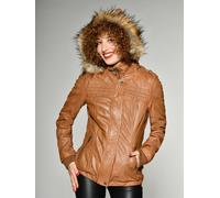 Lederjacke MUSTANG "Lelu", Damen, Gr. S, braun (camel), Obermaterial: 100% Schafsleder; Futter: 100% Baumwolle; Ärmel: 100% Polyester; Strickmaterial: 100% Acryl; Fellimitat: 80% Acryl; 20% Polyester;