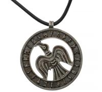 Lederkette mit Wikinger Raben-Anhänger mit Runen-Inschrift