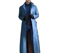 Ledermantel Herren Lang Leder Trenchcoat Slim Fit Revers Lederjacke Einfarbig Long Leather Jacket Windbreaker (Blau,XL)