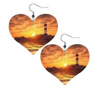 Lederohrringe für Damen, Motiv: Leuchtturm im Sonnenuntergang, Herz-Ohrringe, leicht, baumelnd, Schmuck, Geschenke