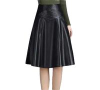 Lederrock Damen A-Linie Große Größe über dem Knie Mittellang Hohe Taille Faltenrock Herbst Winter Rock, Schwarz , XXXL