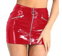Lederrock Damen Frauen Miniröcke Kostüm Femme Röcke Leder Reißverschluss Bodycon Minirock Clubwear(Red,2XL)