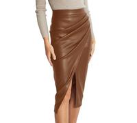 Lederrock Damen Lang Leder Rock Bodycon High Waist Slim Bleistiftrock Kunstlederrock Kunstleder Midi Skirt mit Schlitz Braun S