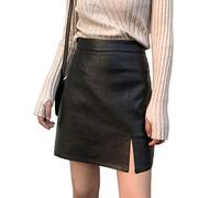 Lederrock Damen Schwarz，Lederrock Kurz Slit Lederrock Weibliche Herbst Winter A- LINE Rock Büro Dame Hülle Rock Hohe Taille Schlanker Rock(XL)