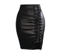 Lederrock Damen Schwarze Leder-Miniröcke for Damen, hohe Taille, figurbetont, vorne geteilt, eleganter kurzer Rock(Black,S)