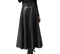 Lederrock für Damen, elegant, Bürorock, PU, einfarbig, Midi-Party, hohe Taille, Schwarz , 52