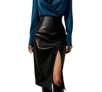 Lederrock Herbst Winter Frauen Sexy Midi Leder Röcke Solid Black Hohe Taille Büro Bleistift Schlitz Rock for(Black,L)