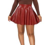 Lederrock, Lederimitat Rock Damen Basic Mid Waist Flare Super Short Rock Sexy Solid Color PU Leder Swing Damen Minikleider Reißverschluss Fliegen Tägliches lockeres Kleid(Red,M)