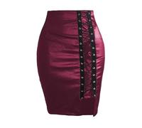 Lederrock Schwarze Leder-Miniröcke for Damen, hohe Taille, figurbetont, vorne geteilt, eleganter kurzer Rock(2,L)