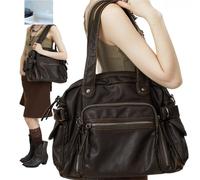 Ledertasche Retro Motorradtasche Weiches PU-Leder Große Kapazität Umhängetasche Punk Multi Pocket Crossbody Bag Für Frauen(Coffee)