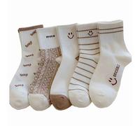 Lefe Liee Süße Smiley-Gesichts-Socken für Damen, Kawaii Mini Crew Knöchel für Mädchen, Braun Ästhetisch, Happy Face Neutral, Beige, 24.5 EU