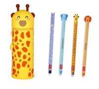 LEGAMI - 2-in-1 Weiche Silikontasche - Giraffe Schultasche, Tischstifthalter, Reißverschluss, Silikon, Stiftetasche Buntstifte Marker, H 18,5 cm mit 4er Stifteset (Giraffe + 4er Stifteset Wildlife)