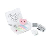 Legami - Mini Schreibwarenset, 6 Zubehörteile im Mini-Format: Schere, Radiergummi, Lesezeichen, Klebeband mit Spender, Hefter und Heftklammern, 7 x 10,5 cm, praktische Transportbox