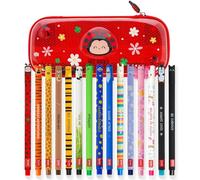 LEGAMI WonderWow Federmäppchen & Löschbares Stifte-Set, 15 lustige niedliche Tierstifte mit thermoempfindlicher Löschtinte + 2-Fächer-Federmäppchen - Marienkäfer-Design