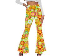 leggings damen schwarz schlaghose, Hippie Hose Damen 60Er 70Er Karneval Schlaghose Bunte Blumenhose Rave Disco Outfit Flower Power Kleidung Boho Faschingshose Retro Party Lang Freizeithose, Grün, M