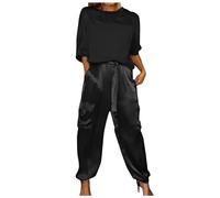 Leggings Damen Set Satin mit halben Ärmeln, Oberteil Hose. Lässiges Sommer-Pyjama-Set Satin für Damen Trainingsanzug Damen Polyester