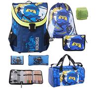 LEGO Ninjago Schulranzen Set 7tlg. Easy School Bag mit Federmappe gefüllt, Turnbeutel, Regenschutz und großer Sporttasche Blauer Ninja Jay