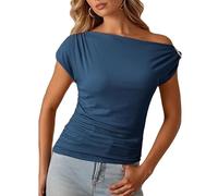 Legou Damenpullover, modisches schulterfreies T-Shirt, einfarbiges Oberteil, marineblau, L