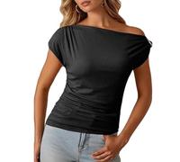 Legou Damenpullover, modisches schulterfreies T-Shirt, einfarbiges Oberteil, Schwarz , XXL