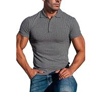 Lehmanlin Muskel-Poloshirts für Herren Kurzarm Stretch Slim Fit Baumwolle Golf T-Shirt (Dunkel grau/L)
