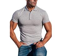 Lehmanlin Muskel-Poloshirts für Herren Kurzarm Stretch Slim Fit Baumwolle Golf T-Shirt (Grau/L)