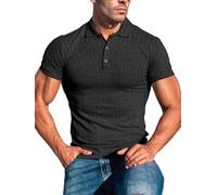 Lehmanlin Muskel-Poloshirts für Herren Kurzarm Stretch Slim Fit Baumwolle Golf T-Shirt (Schwarz/L)