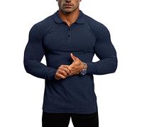 Lehmanlin Muskel-Poloshirts für Herren Langarm Stretch Slim Fit Baumwolle Golf T-Shirt (Blau/S)