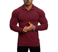 Lehmanlin Muskel-Poloshirts für Herren Langarm Stretch Slim Fit Baumwolle Golf T-Shirt (Rot/L)