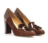 LEHOOR Damen-Pumps mit Fransen, breiter Block, runder Zehenbereich, Slip-On-Kleid, Loafer mit Quaste, Wildleder-Lackleder, Patchwork, für Damen, Mädchen, Büro, Größe 4-15, Braun, 41 EU