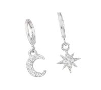 Leichte CZ Stern Mond Tropfenohrringe, asymmetrische Creolen Designs, Abendschmuck für Mädchen und Frauen in drei metallischen Ausführungen, Stern Ohrringe mit CZ Steinen
