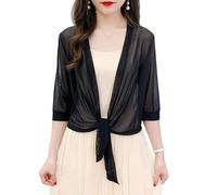 Leichte Damen Mesh Schulterjacke Stola Sommer Bolero Cardigan mit Offener Vorderseite Dünnes Oberteil mit Halben Ärmeln Transparenter Überwurf für Abendkleider Schwarz Größe S
