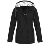 Leichte Jacke für Damen, einfarbig, modisch, lässig, Reißverschluss, Knopf, Doppeltasche, Kordelzug, mit Kapuze, Ladungsmantel, Übergröße, Hoodie-Mäntel, Schwarz , 38