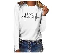 Leichte Langarmshirt Damen EKG Liebe Herz Drucken Pullover Rundhals Langarm T-Shirt Casual Oberteile Slim Fit Bluse Herbst Winter Basic Shirt Tee Tops Bequeme Tunika Große Größen Pulli Tshirt