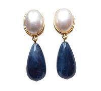 Leichte sehr große Ohr-Clips vergoldet Stein perlmutt-weiß Anhänger blau marmoriert tropfen-förmig Designer JUSTWIN klassisch elegant chic